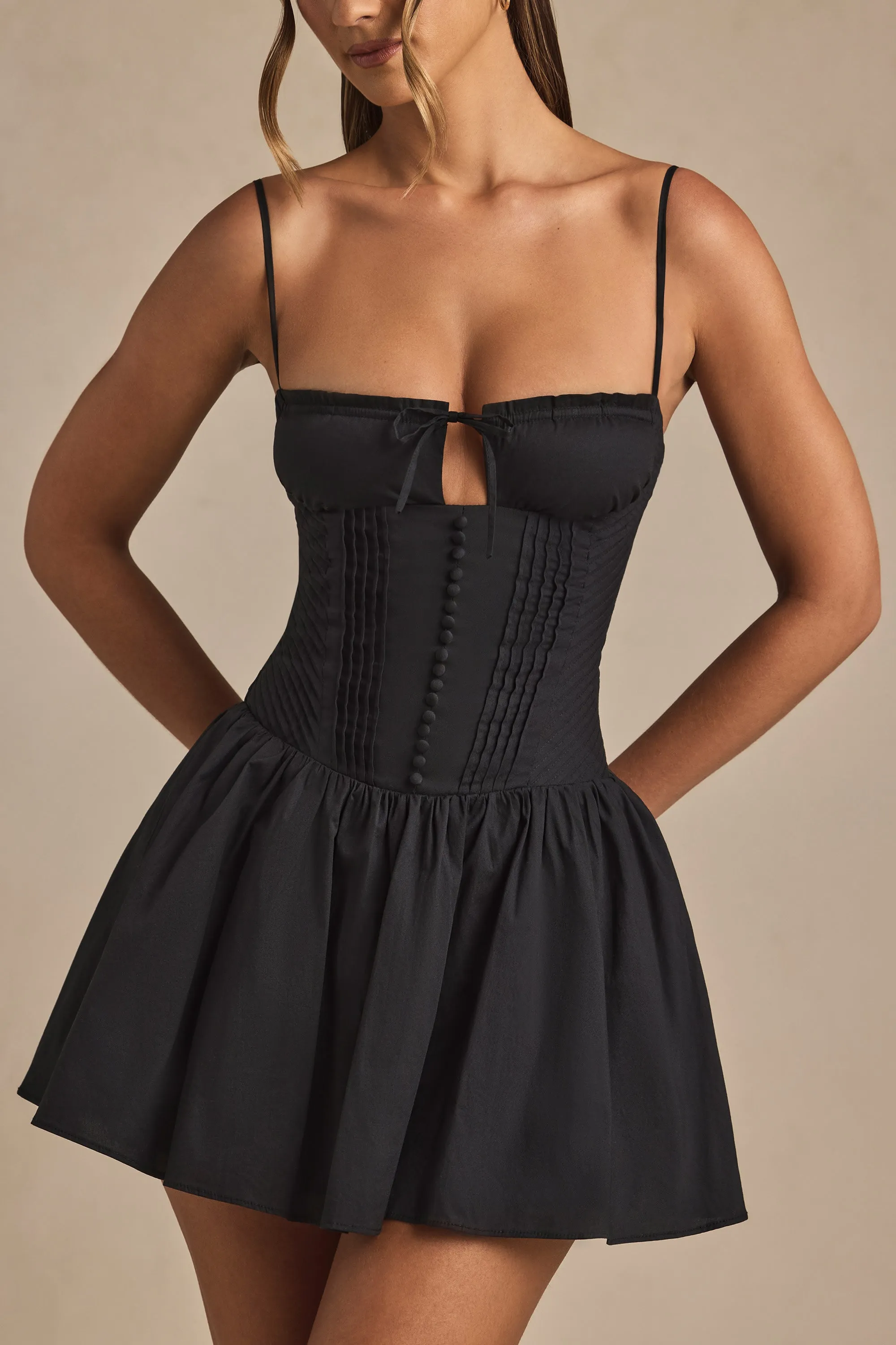 Pintucked Shirred Mini Dress in Black Relaxed mini for warm days Casual stylish short dress
