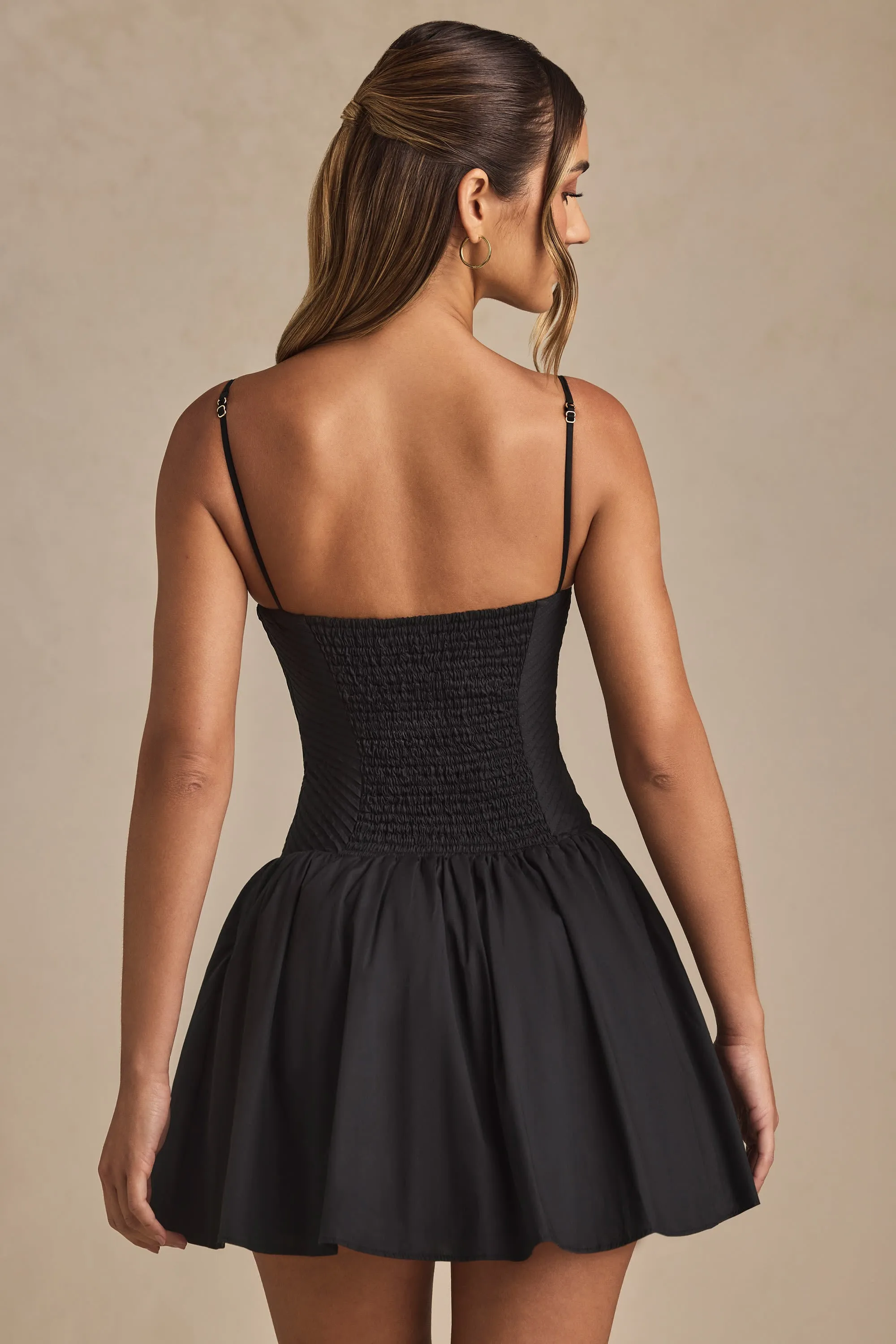 Pintucked Shirred Mini Dress in Black Beat Hot