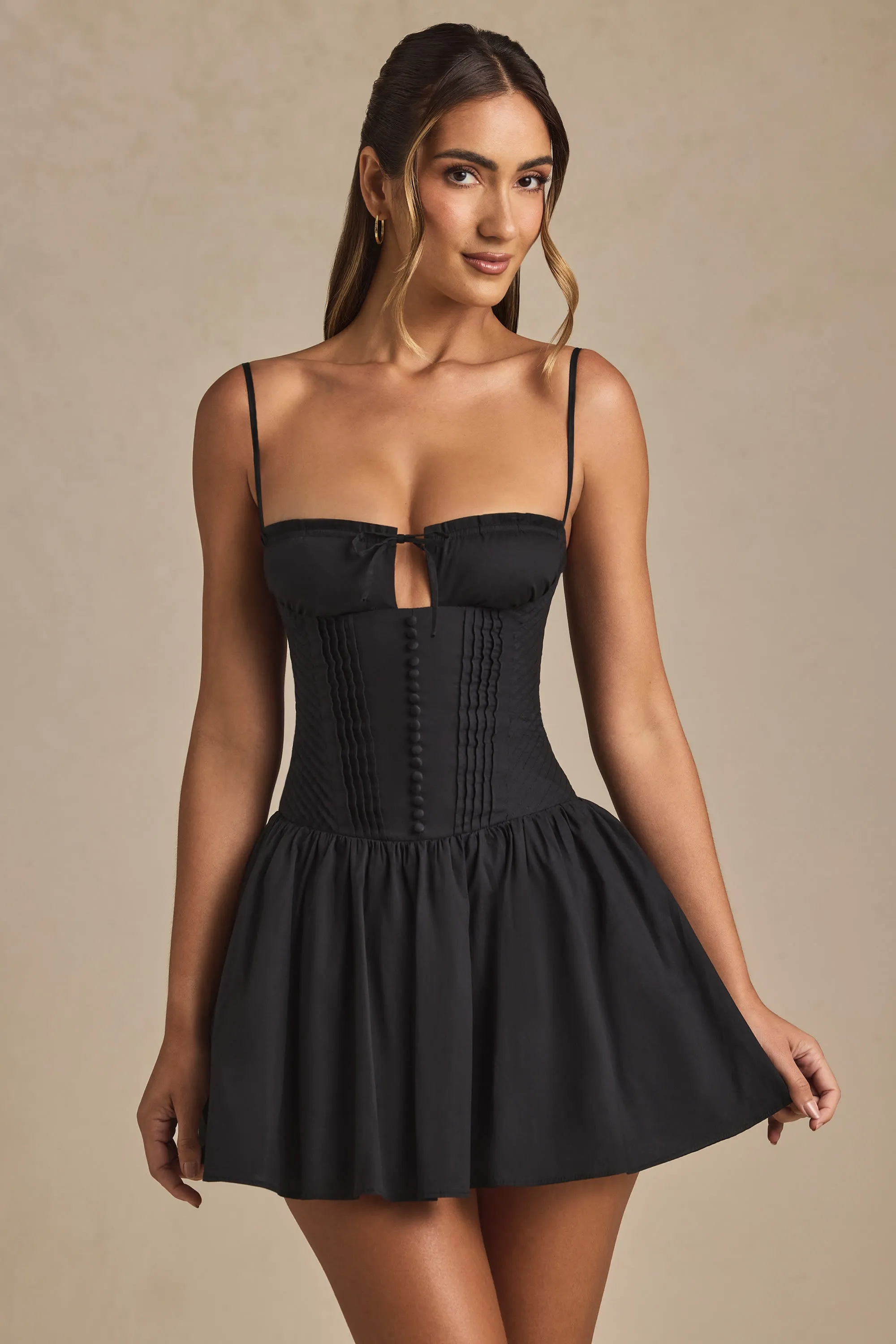 Pintucked Shirred Mini Dress in Black Runway Glow