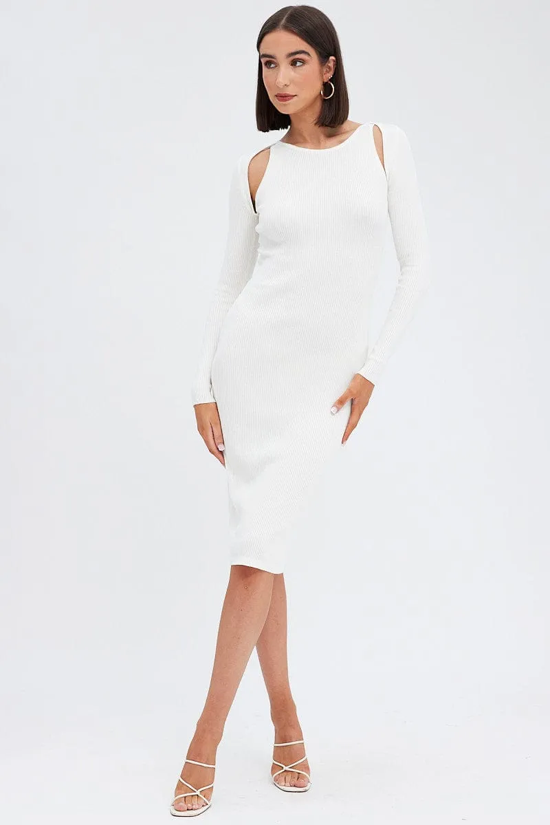 Day-to-Night Look White Midi Dress Long Sleeve Keyhole Bodycon Rib Knit