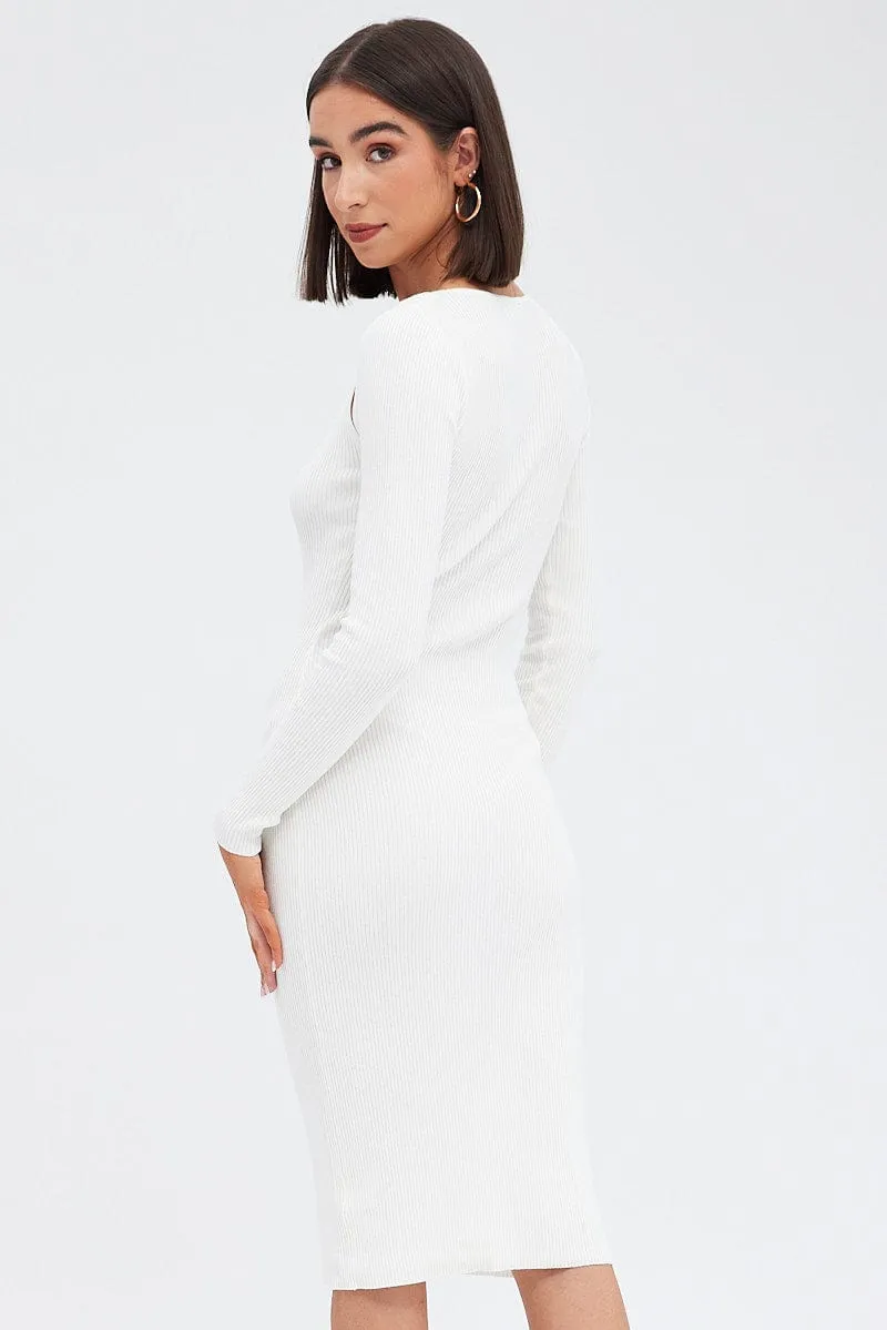 Cozy Wrap White Midi Dress Long Sleeve Keyhole Bodycon Rib Knit