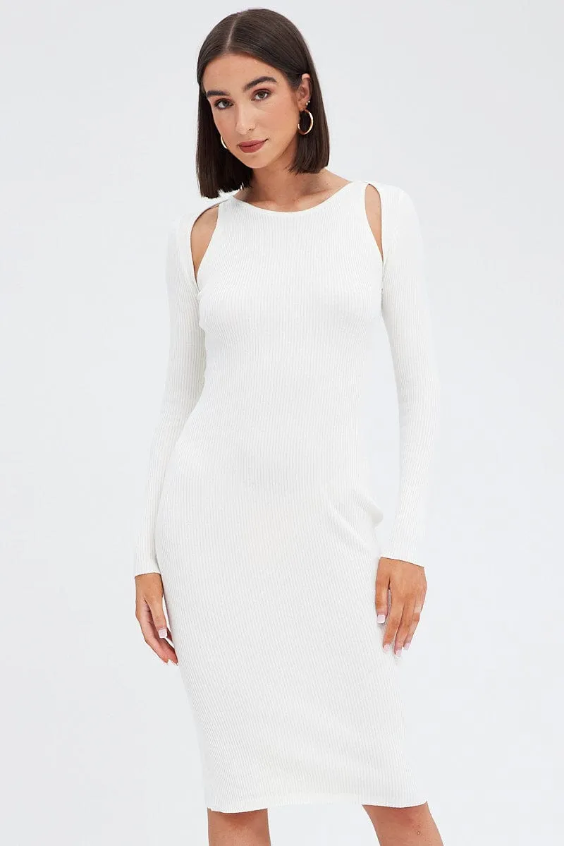 White Midi Dress Long Sleeve Keyhole Bodycon Rib Knit Light and breathable daywear Wood Deck