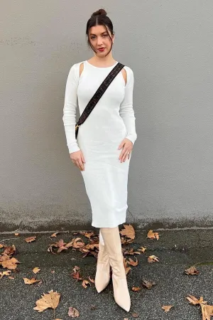 All Day Comfort Fashion Essential White Midi Dress Long Sleeve Keyhole Bodycon Rib Knit