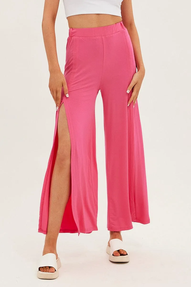 Hot Pink Wide Leg Pants High Rise Front Split Training Comfort