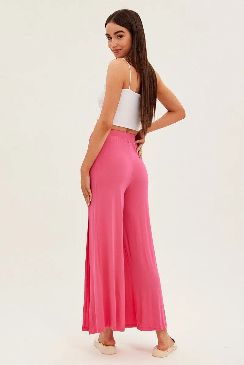 Classy Fit Hot Pink Wide Leg Pants High Rise Front Split