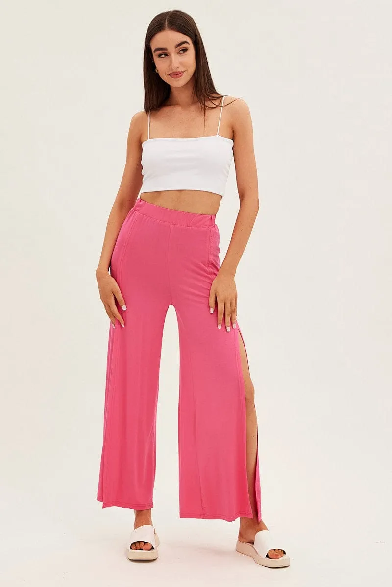 Hot Pink Wide Leg Pants High Rise Front Split Transitional Style