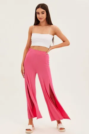 WrinkleResistantMaterial DoubleLayeredHem Hot Pink Wide Leg Pants High Rise Front Split