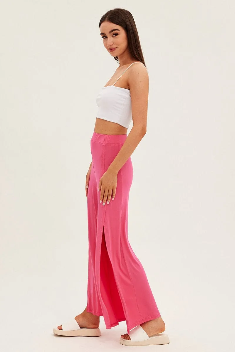 Hot Pink Wide Leg Pants High Rise Front Split Windproof Membrane Flexible Material