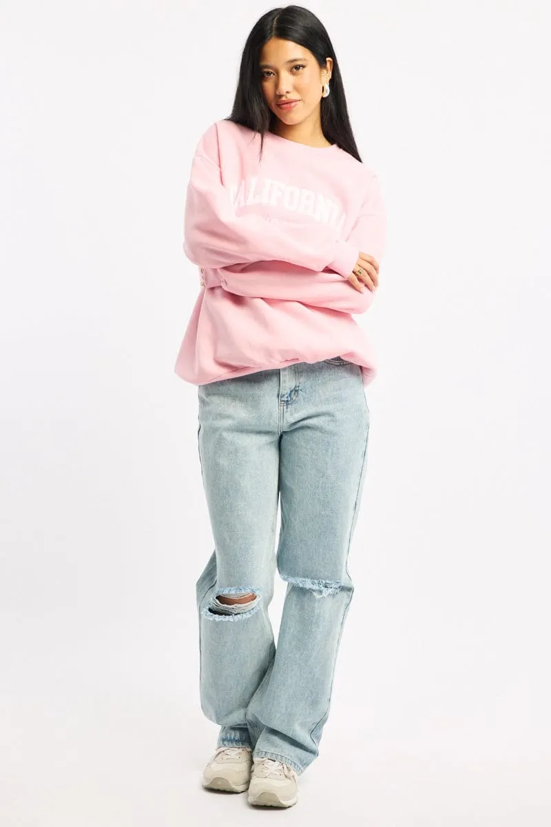 Relaxing Wear product fleece lining warmth Pink Graphic Sweater Long Sleeve