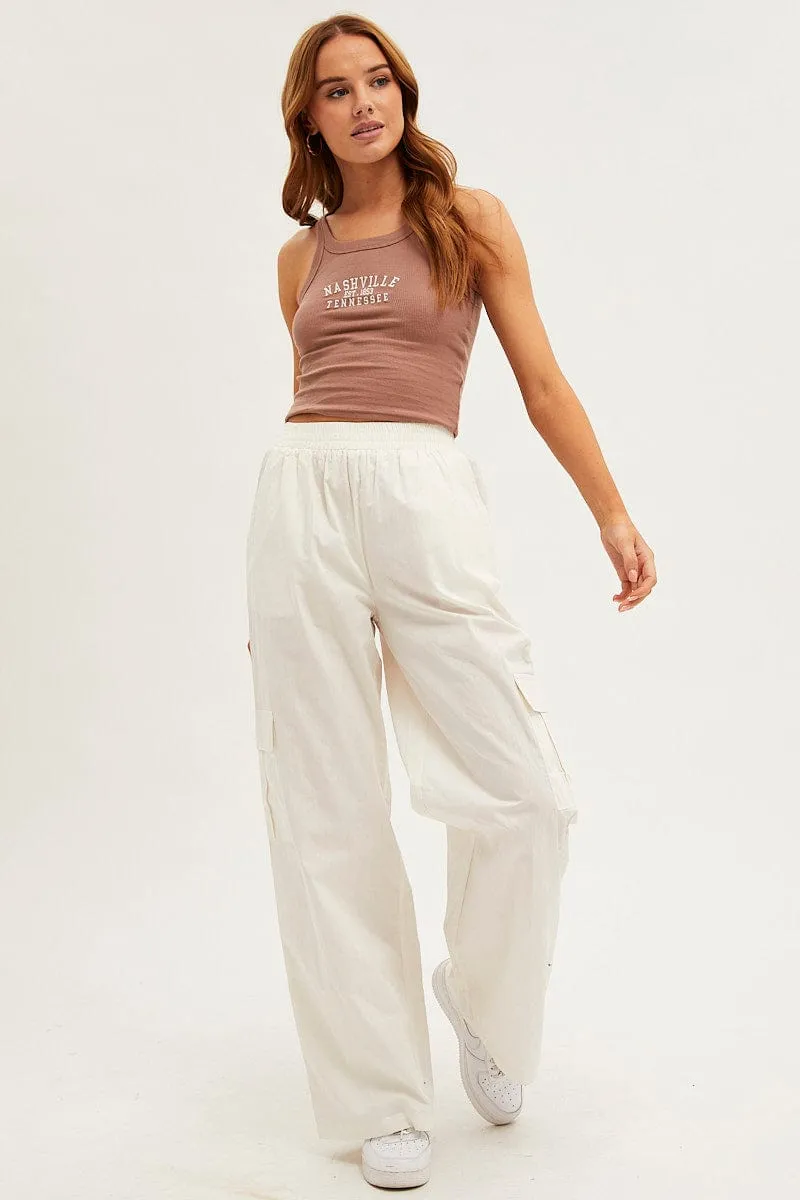 Soft Touch Material White Wide Leg Cargo Pants High Rise