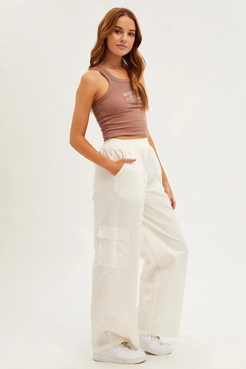 White Wide Leg Cargo Pants High Rise Anti Static Finish Everyday Comfort Fit