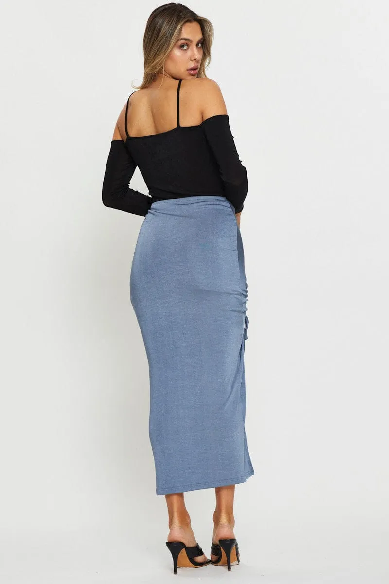 Blue Maxi Skirt Front Slit Elasticized Cuff