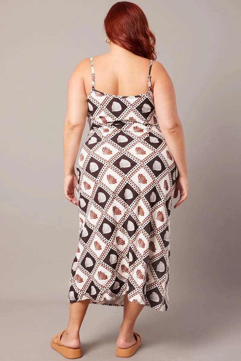 Brown Abstract Maxi Dress Sleeveless Linen Blend Minimal Line Sunbeam Flow