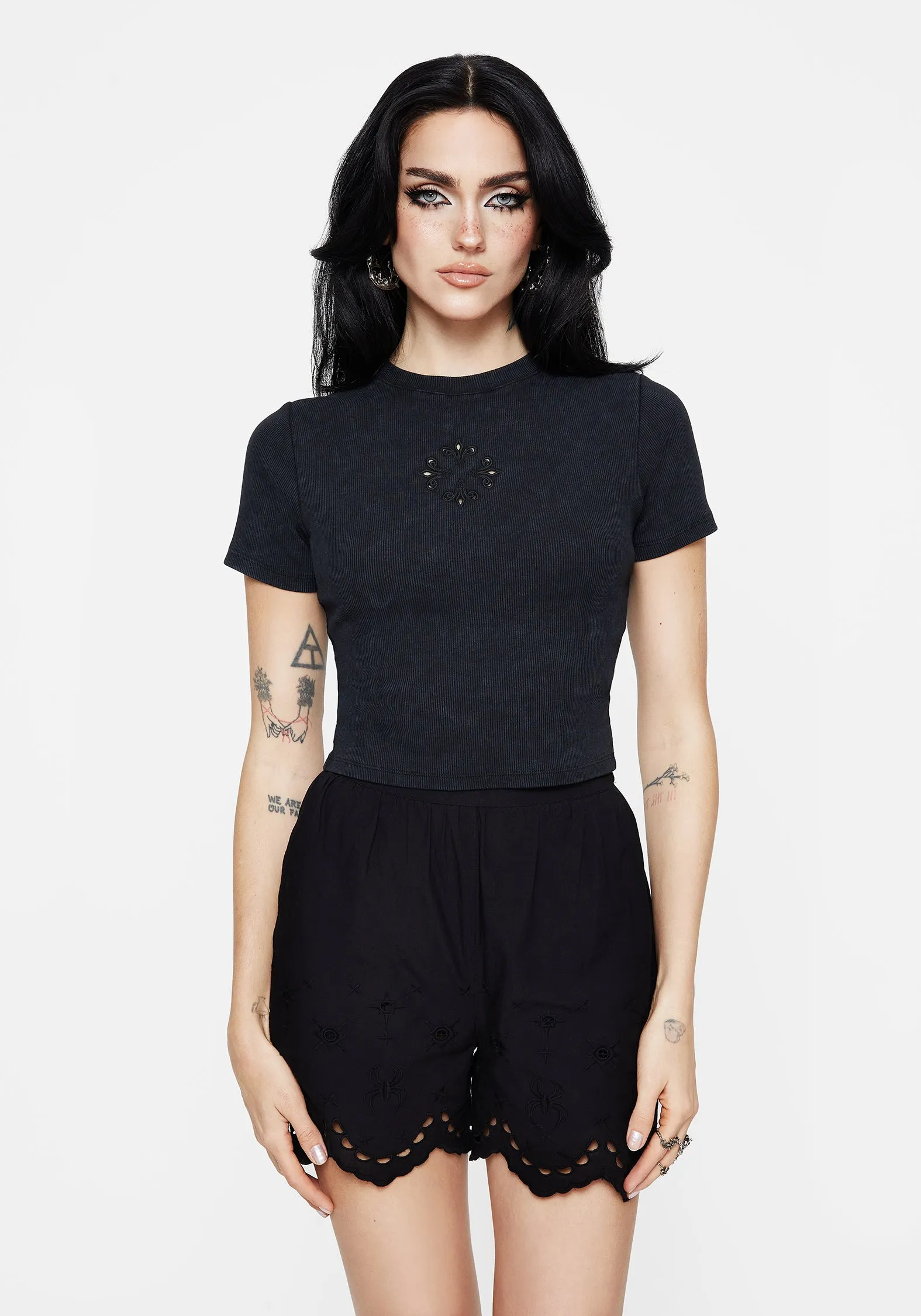 Christina Cotton Cut Out Detail Washed T-Shirt Embroidered Details
