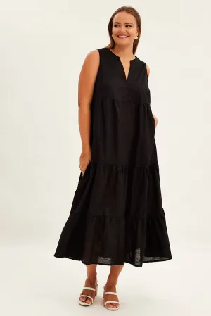 Black Maxi Dress Sleeveless Tiered Linen Blend Amber Glow Cold Cozy