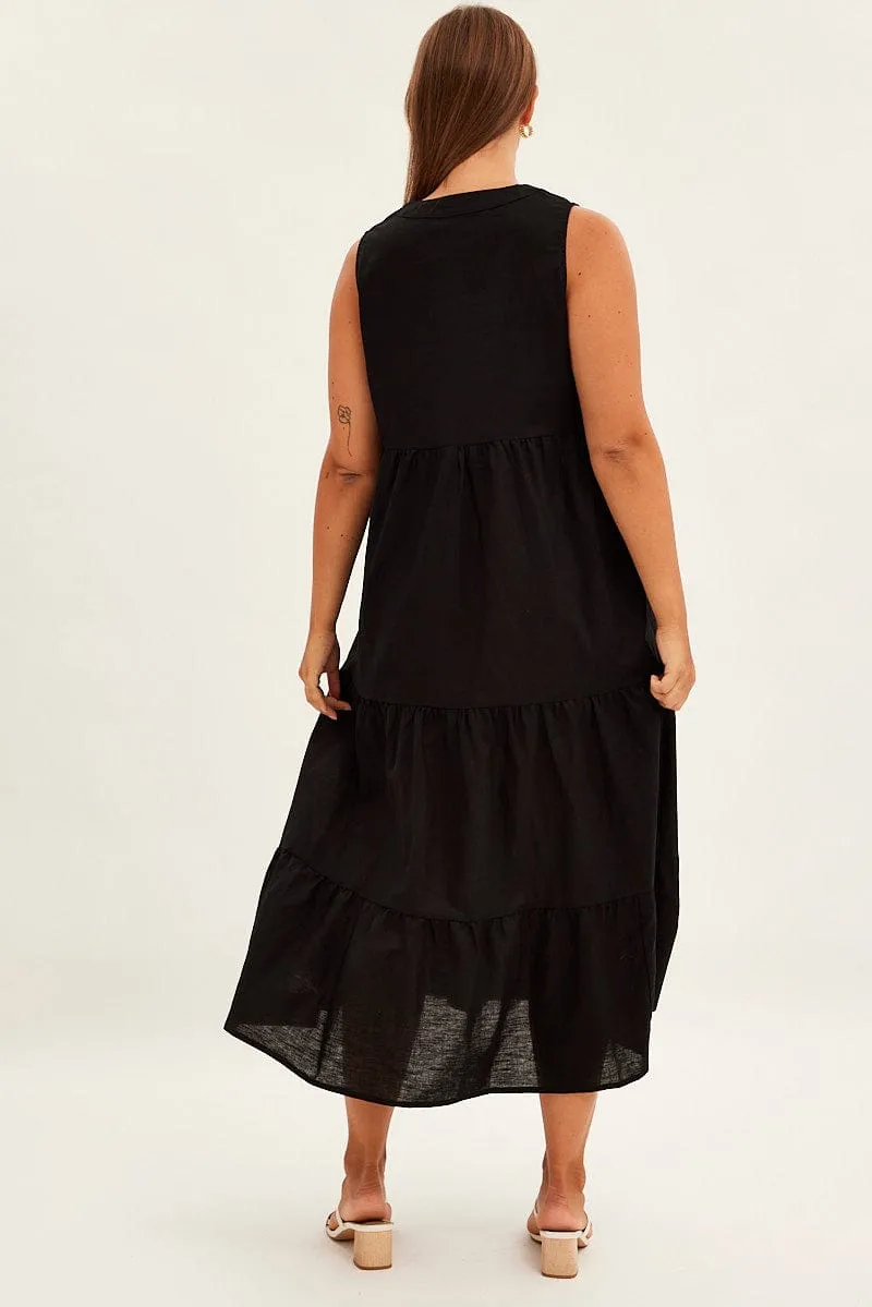 Stone Glow Short Sleeve Black Maxi Dress Sleeveless Tiered Linen Blend