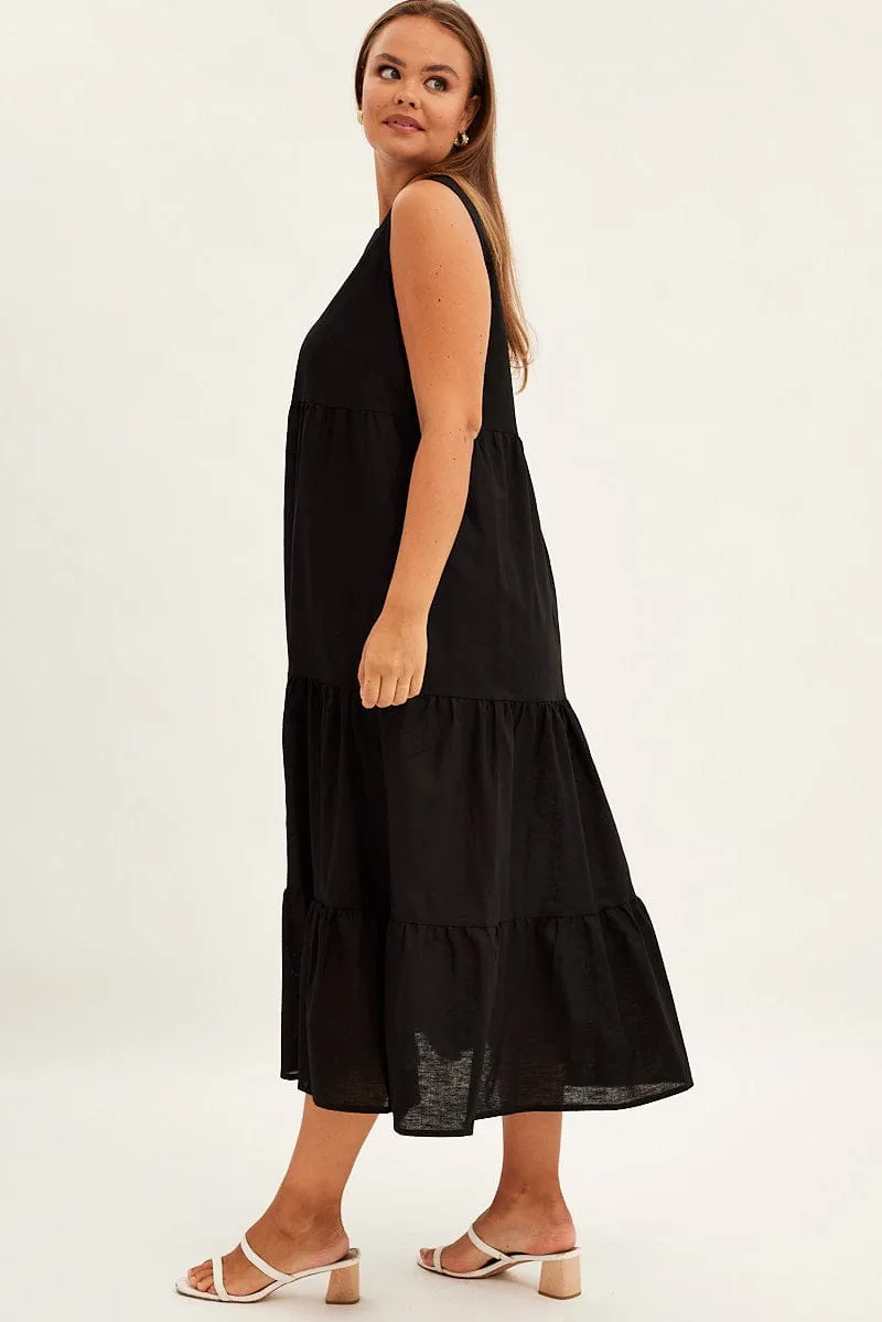 Black Maxi Dress Sleeveless Tiered Linen Blend Sea Breeze Soft Dawn