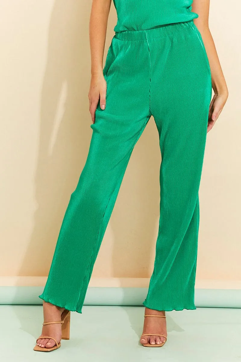 Green Plisse Pants Transitional Style