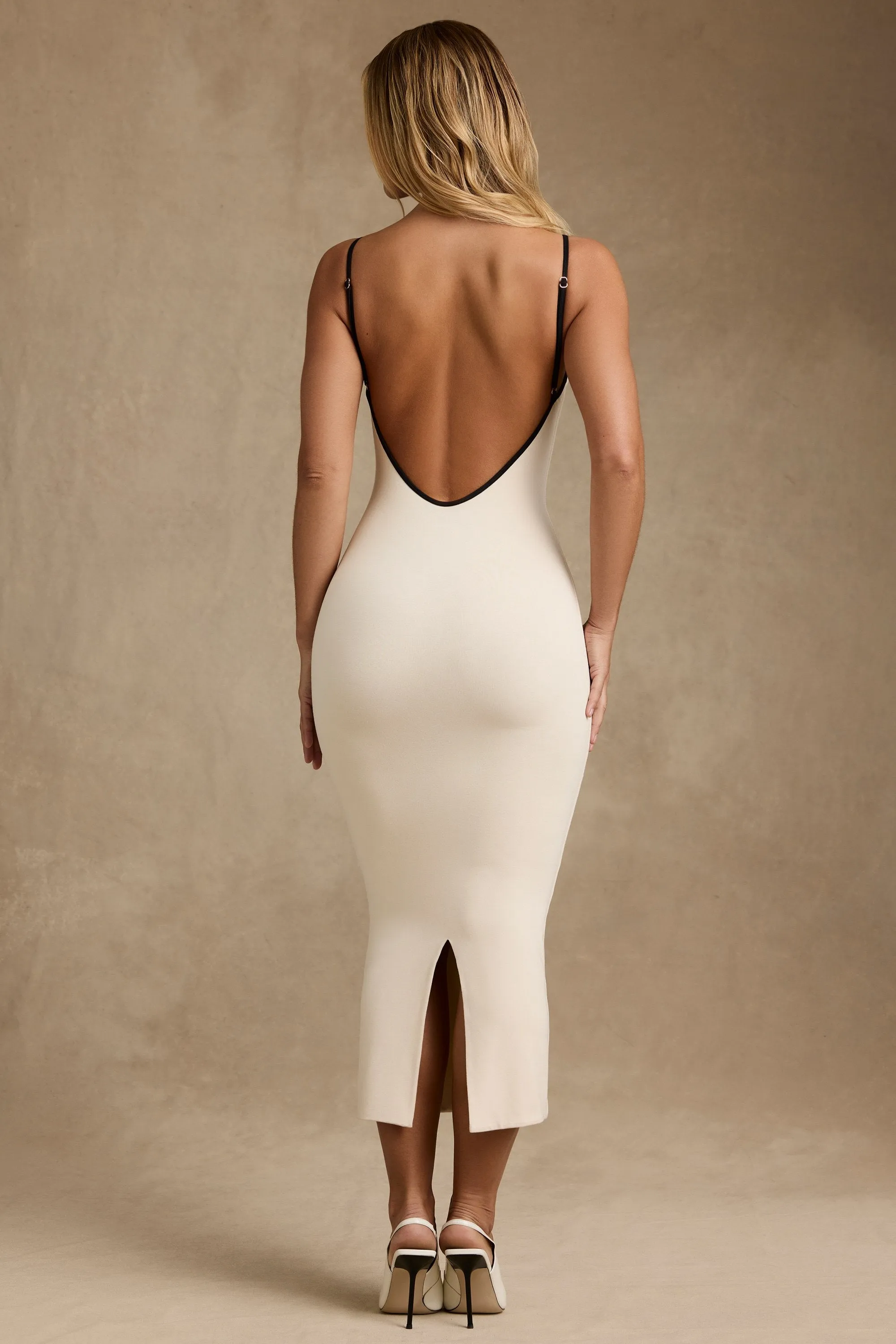 Modal Contrast-Trim Backless Midaxi Dress in Ivory EasyAdjustStraps