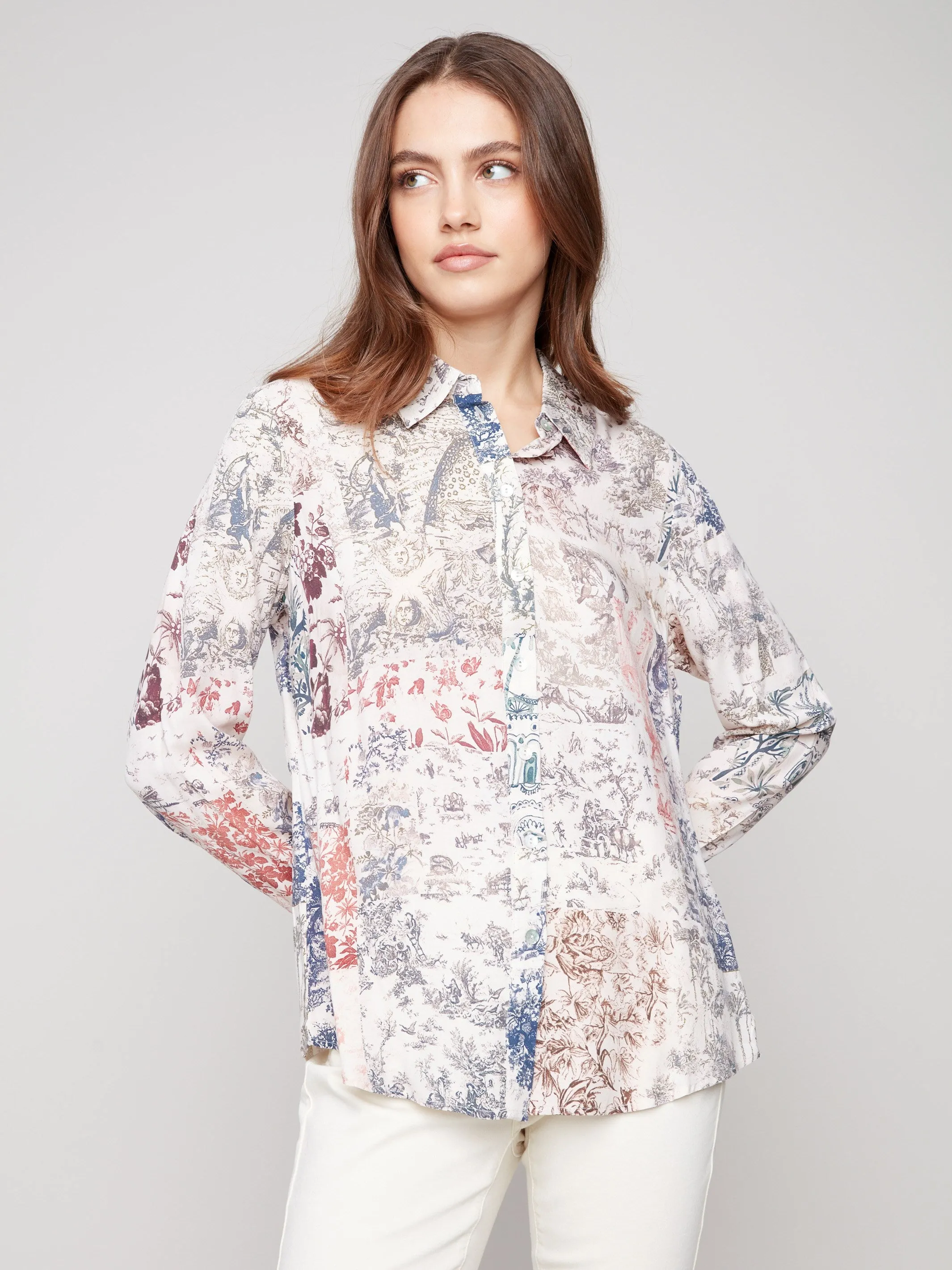 Outdoor Comfort Quiet Charm Printed Button-Up Shirt - Frame