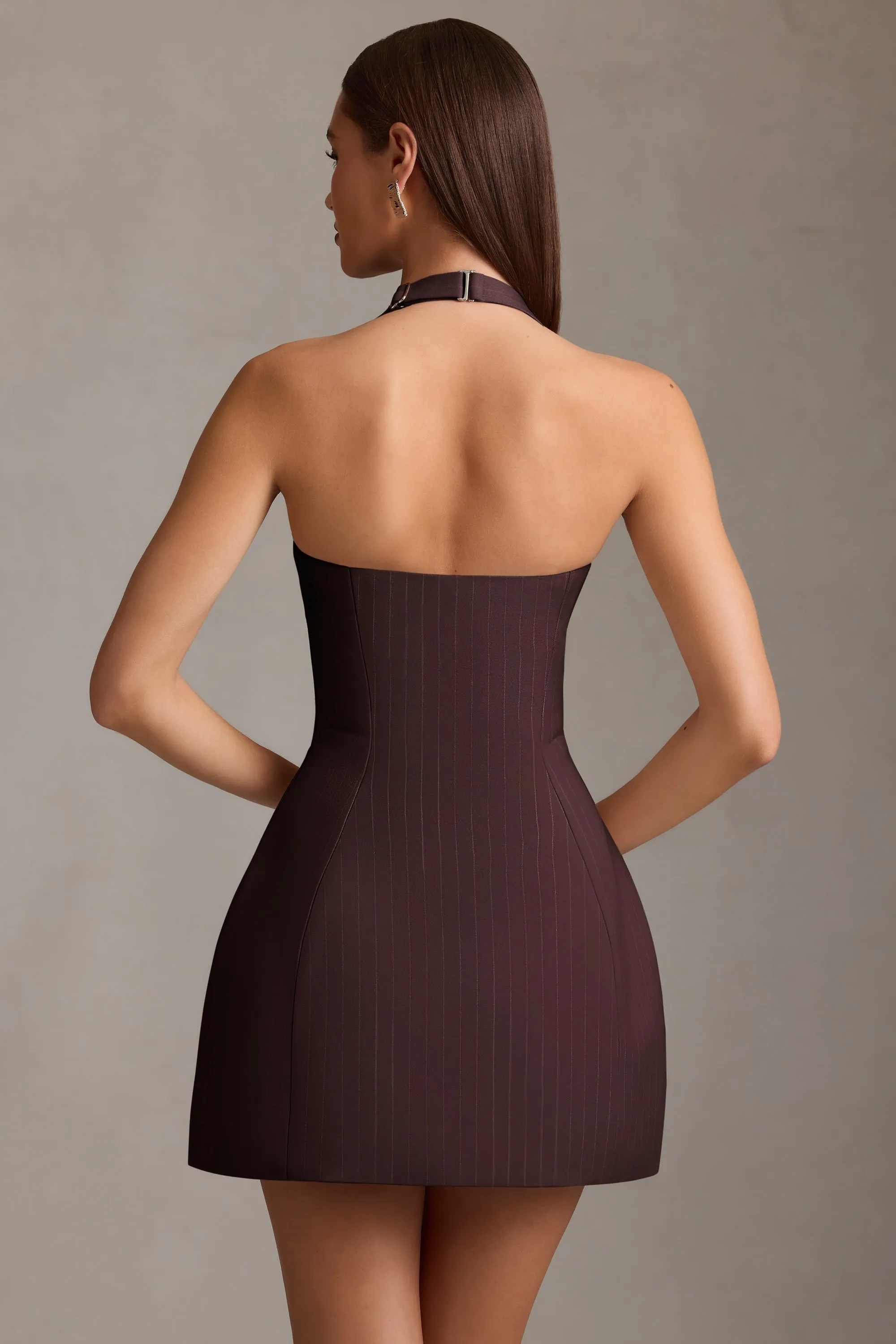 Bohemian Design Skin Tint Pinstripe Halterneck Structured A-Line Mini Dress in Chocolate Brown