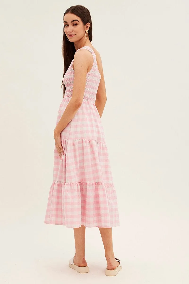 Sleek Fashion Fresh Air Pink Check Midi Dress One Shoulder Shirred Body