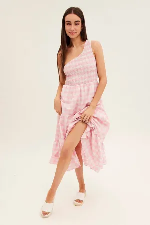 Pink Check Midi Dress One Shoulder Shirred Body elegant design