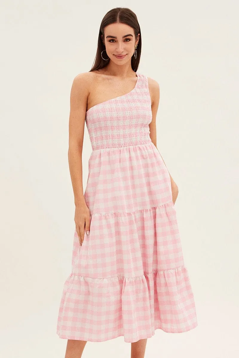 Pink Check Midi Dress One Shoulder Shirred Body Travel Light