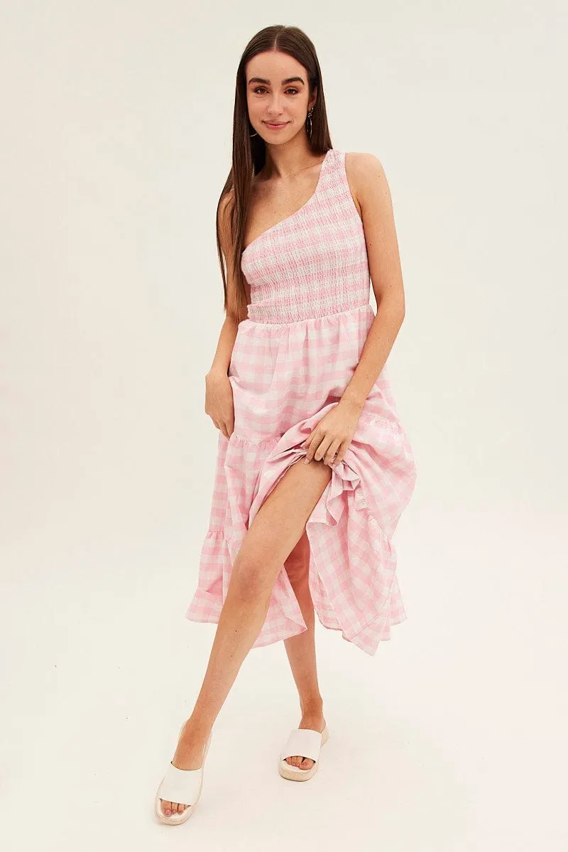 Pink Check Midi Dress One Shoulder Shirred Body elegant design