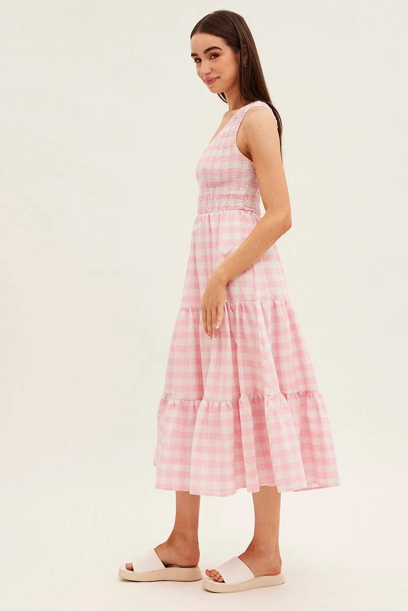 All-day wear midi Pink Check Midi Dress One Shoulder Shirred Body