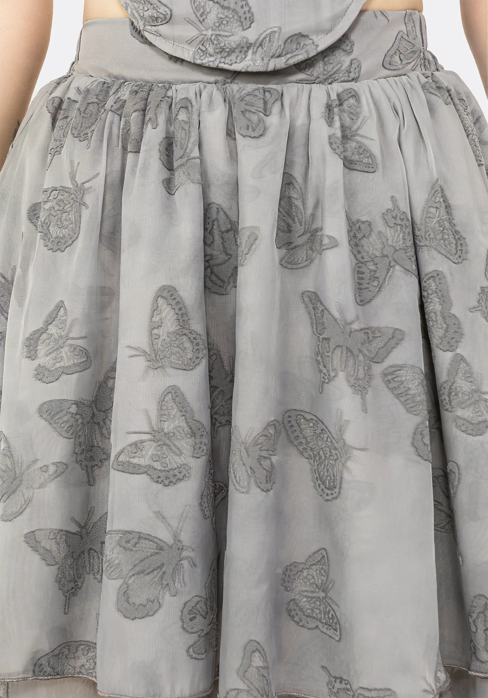 Vanessa Butterfly Print Organza Front Split Tiered Maxi Skirt Neutral Look Laid Back Look