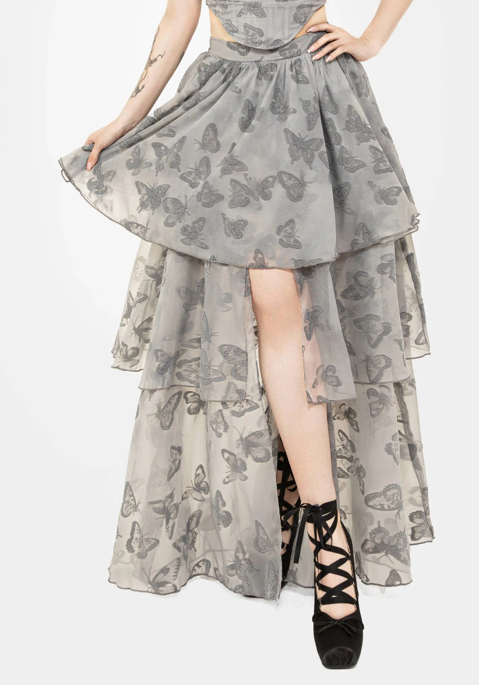 Vanessa Butterfly Print Organza Front Split Tiered Maxi Skirt Wearable Art
