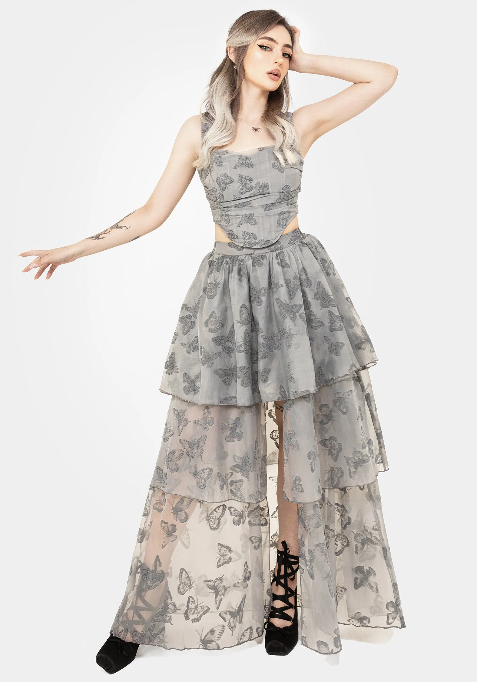 Vanessa Butterfly Print Organza Front Split Tiered Maxi Skirt Contoured Waist Travel Friendly