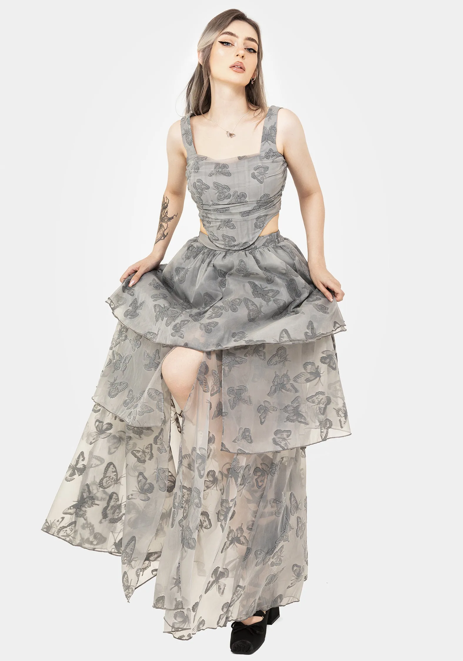 Vanessa Butterfly Print Organza Front Split Tiered Maxi Skirt lace accents Daily Style