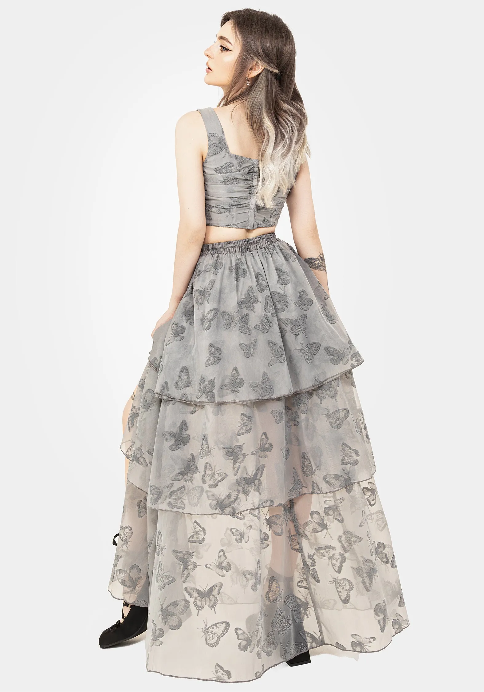 Artisan Print Vanessa Butterfly Print Organza Front Split Tiered Maxi Skirt