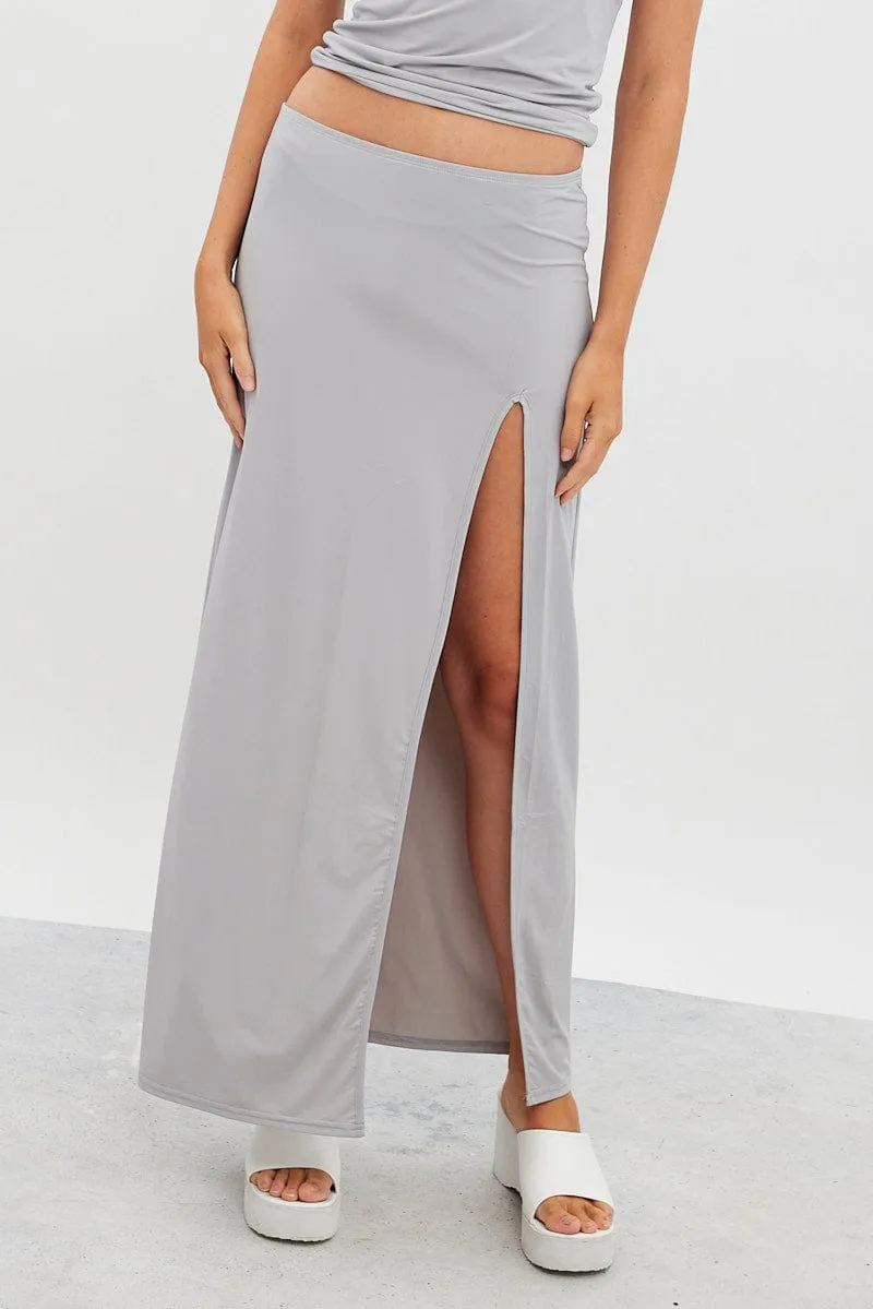Simple Styling Grey Maxi Skirt Mid Rise Split Nylon