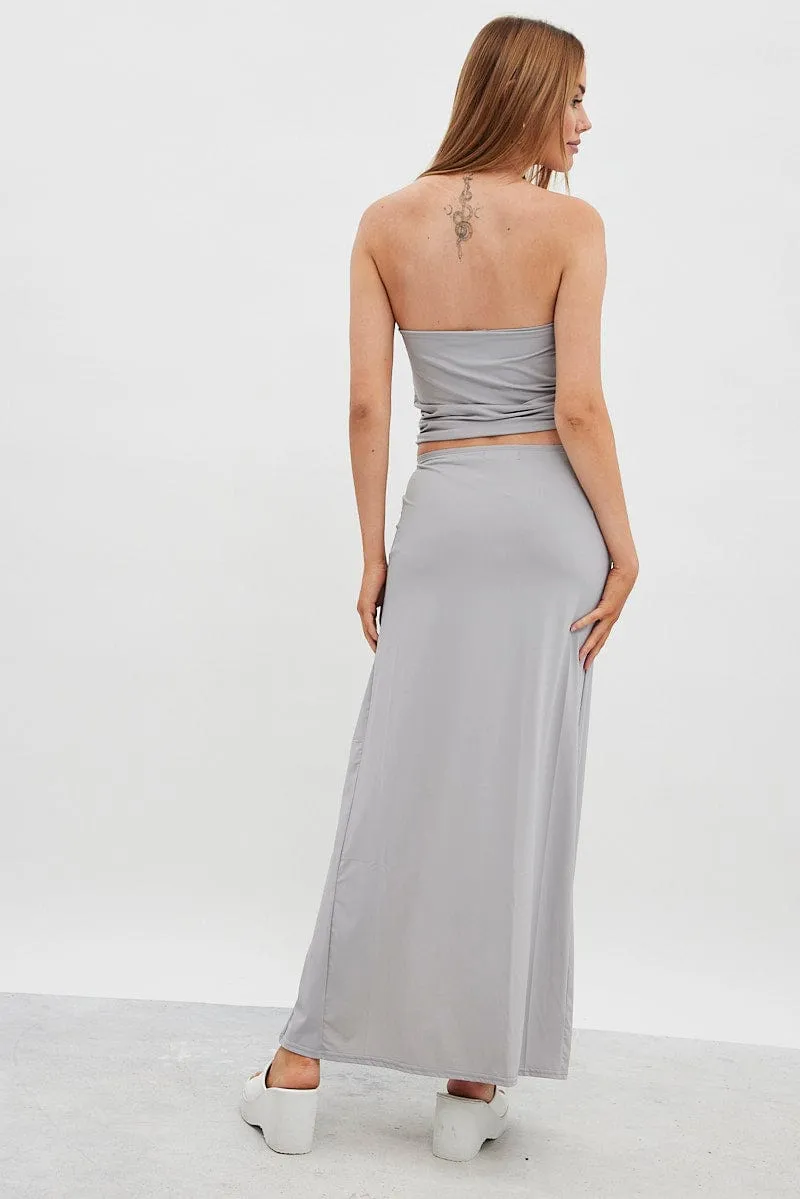 Grey Maxi Skirt Mid Rise Split Nylon Relax Outfit Back Slit