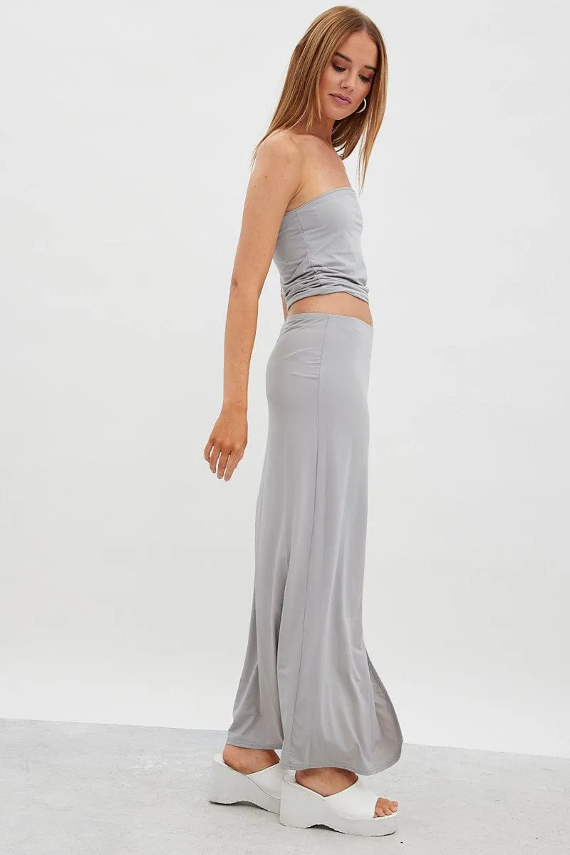 Signature Line Grey Maxi Skirt Mid Rise Split Nylon