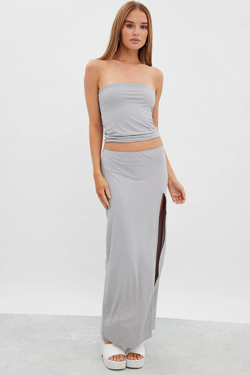 Grey Maxi Skirt Mid Rise Split Nylon Easy Style Athleisure Inspired
