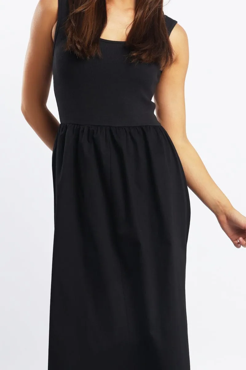 Black Midi Dress Ribbed Bodice Trendy Wardrobe