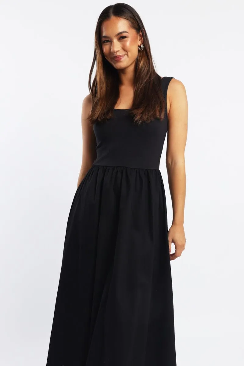 Black Midi Dress Ribbed Bodice Playful and feminine dress Work Smart