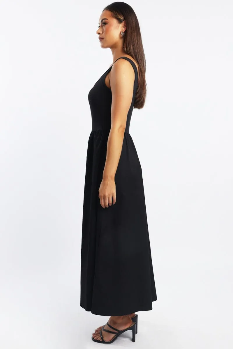 Black Midi Dress Ribbed Bodice Dreamy Feel Planet View
