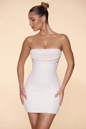 Embellished Strapless Cowl Neck Mini Dress in Ivory Fashionable above-the-knee gown Vibrant Prints