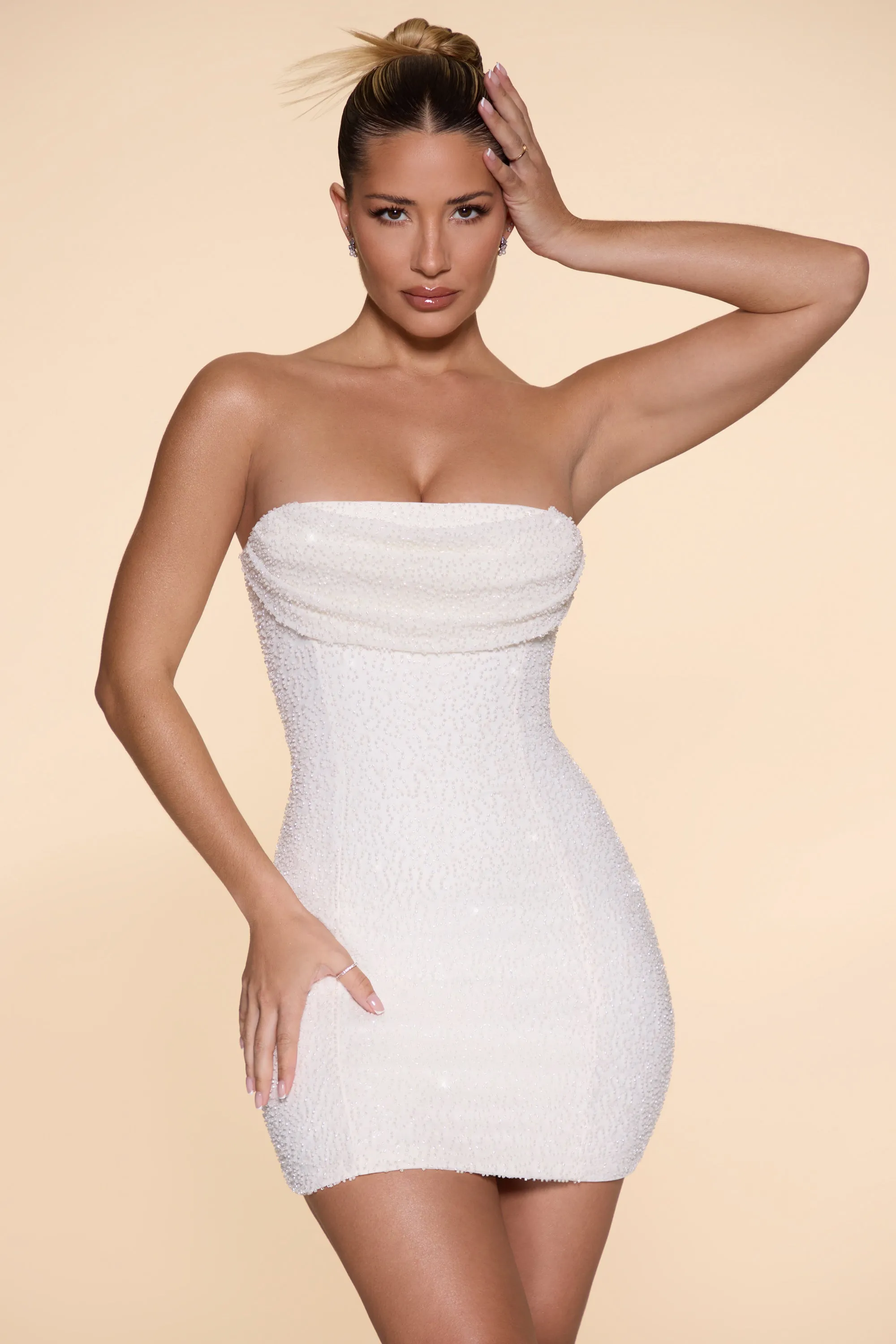 Embellished Strapless Cowl Neck Mini Dress in Ivory Beat Hot