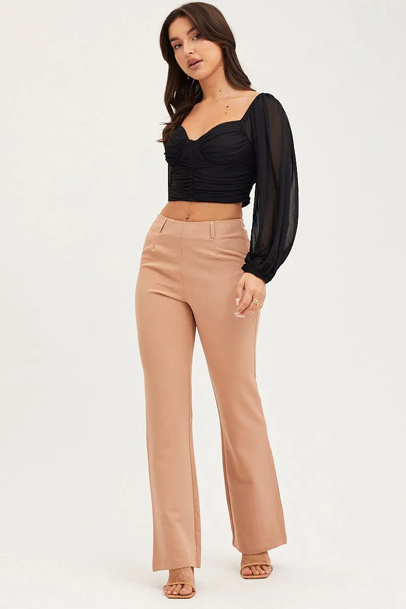 Beige Flare Pants Mid Rise Quick-Dry Material Reinforced Knees