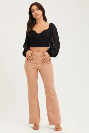 Bi Stretch Fabric AllDayCompression Beige Flare Pants Mid Rise