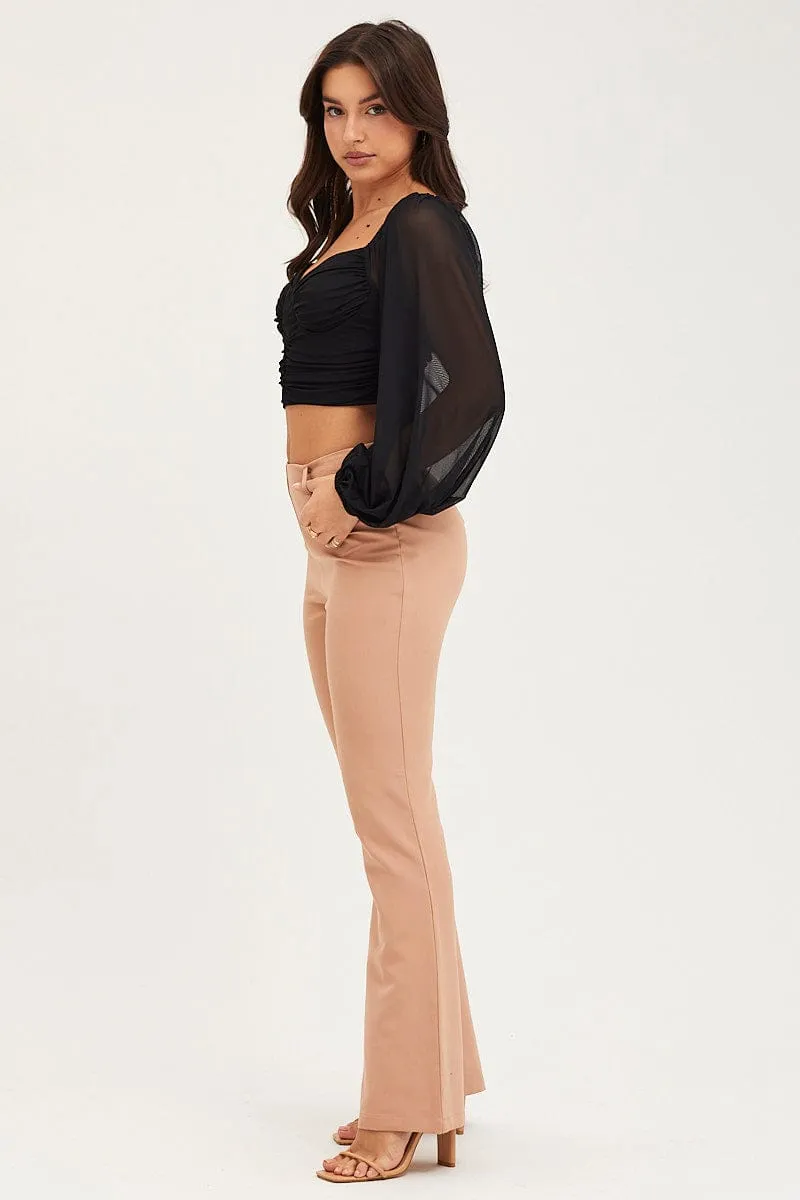 Beige Flare Pants Mid Rise Urban Flex Soft Texture