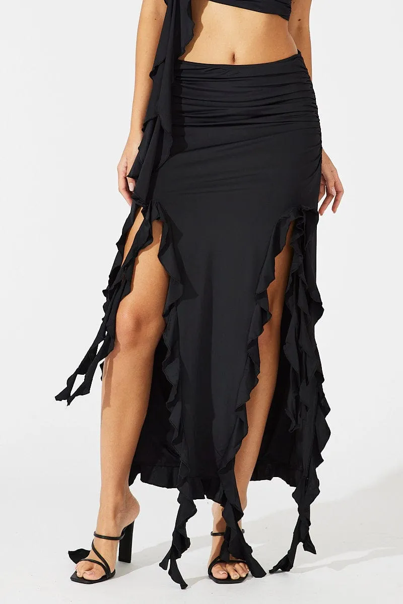 Draped Design Unique Feature Black Ruffle Maxi Skirt