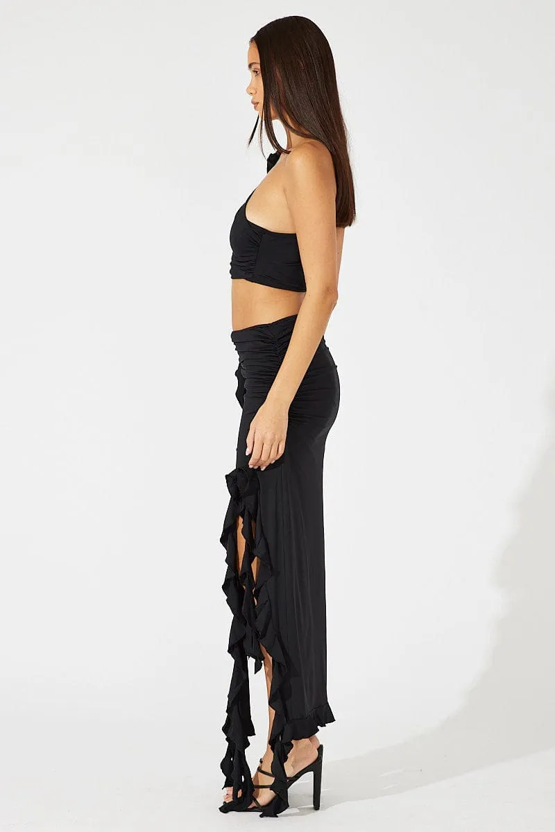 Black Ruffle Maxi Skirt Tapered Cut Balanced Outfit