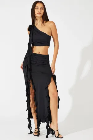 Tiered Design Fresh Aesthetic Black Ruffle Maxi Skirt